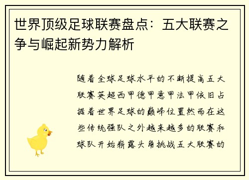 世界顶级足球联赛盘点：五大联赛之争与崛起新势力解析