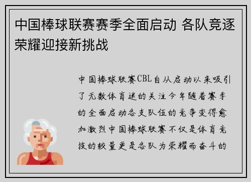 中国棒球联赛赛季全面启动 各队竞逐荣耀迎接新挑战