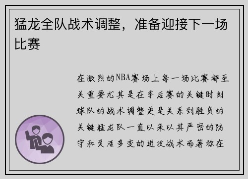 猛龙全队战术调整，准备迎接下一场比赛